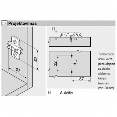 +45 laipsnių lankstas BLUM + CLIP plokštelė 0 mm 3