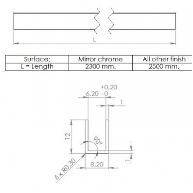 Aliuminio U-profilis 6 mm stiklui, 2,3m, chromas 1