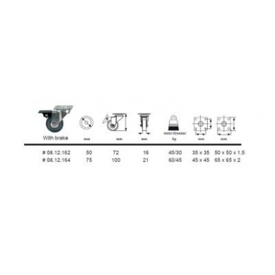 FORK ratukas D.75 mm, su plokštele 65x65 mm, su stabdžiu 1