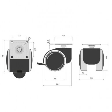 Gumuotas ratukas D.50 mm su plokštele 42x42mm, su stabdžiu 1