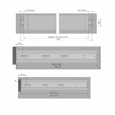 Pilno ištraukimo guoliniai bėgeliai H.45 mm VERSALITE PLUS, su švelnaus uždarymo mechanizmu 7