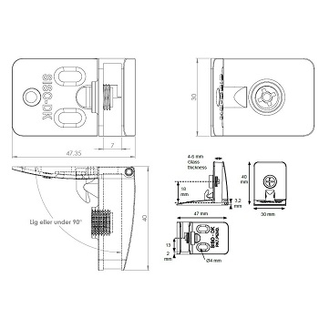 Lankstas stiklo 4-5 mm durelėms \SQUARE\", aliuminis" 1