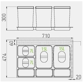 Šiukšliadėžė į stalčių Multino 800 2x15l+2x7l 1