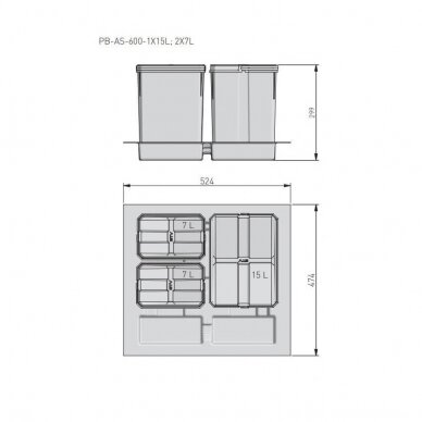 Šiukšliadėžė į stalčių AXISPACE 600 1x15L - 2x7L 1