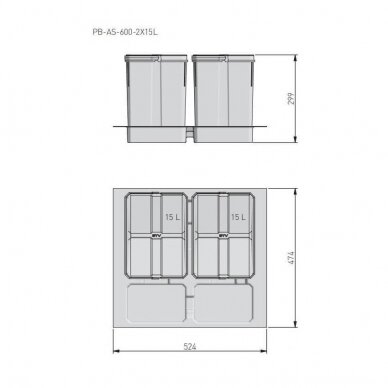 Šiukšliadėžė į stalčių AXISPACE 600 2x15L 2