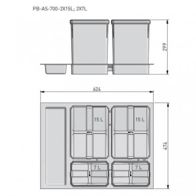 Šiukšliadėžė į stalčių AXISPACE 700 2x15L - 2x7L 3