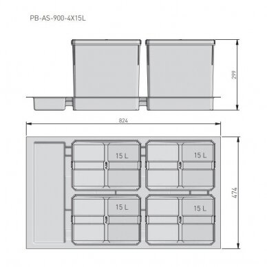 Šiukšliadėžė į stalčių AXISPACE 900 4x15L 2