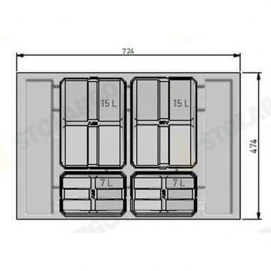 Šiukšliadėžė į stalčių AXISPACE 800 2x15L - 2x7L 3