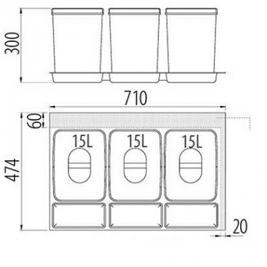 Šiukšliadėžė į stalčių Multino 800 3x15l 1
