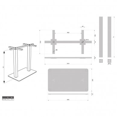 Stalo bazė kvadratinė dviguba DN-452, H-730 mm, juoda 1